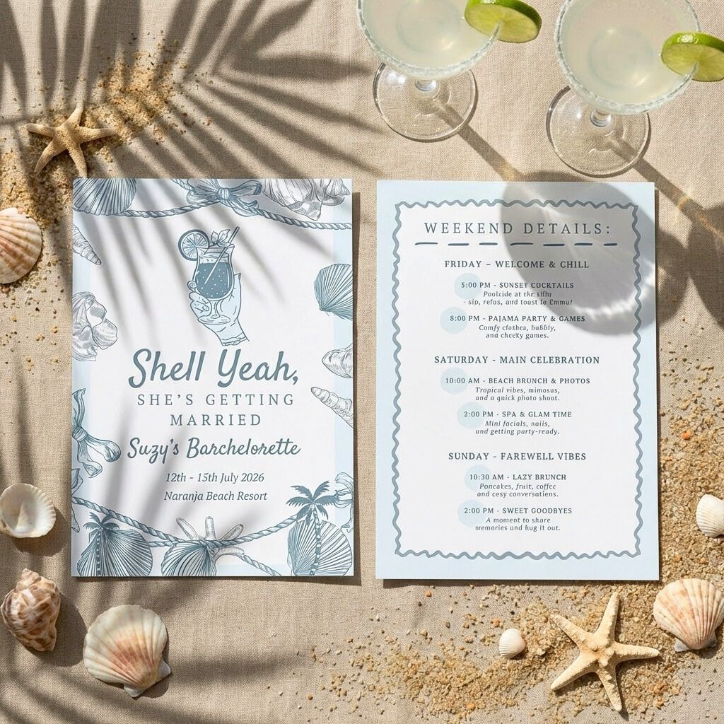 Sea Shells & Wedding Bells Bachelorette Party Invitation & Itinerary